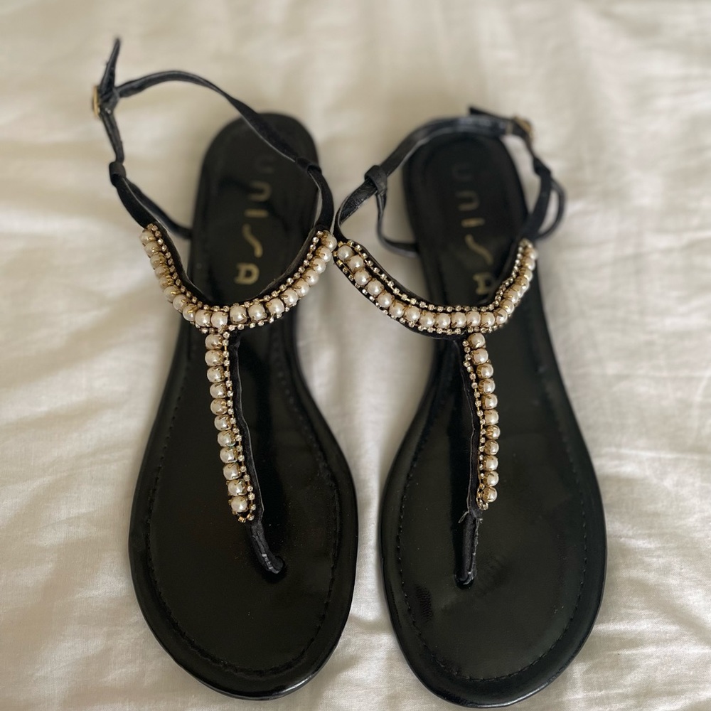 Unisa black with Pearl studs t-strap sandal.